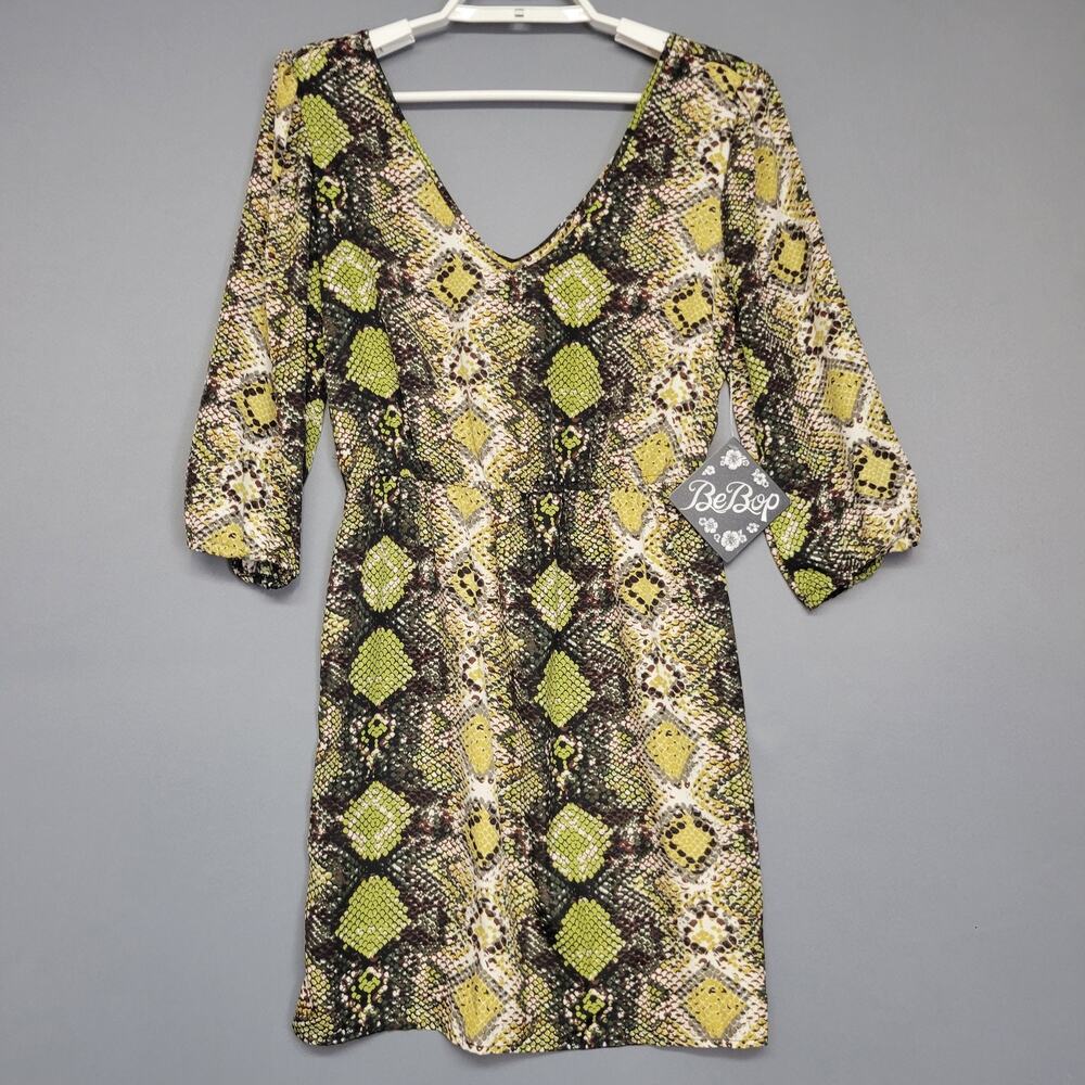 BeBop‎ Dress Womens Small Green Yellow Snake Print 3/4 Sleeve V Neck Mini New